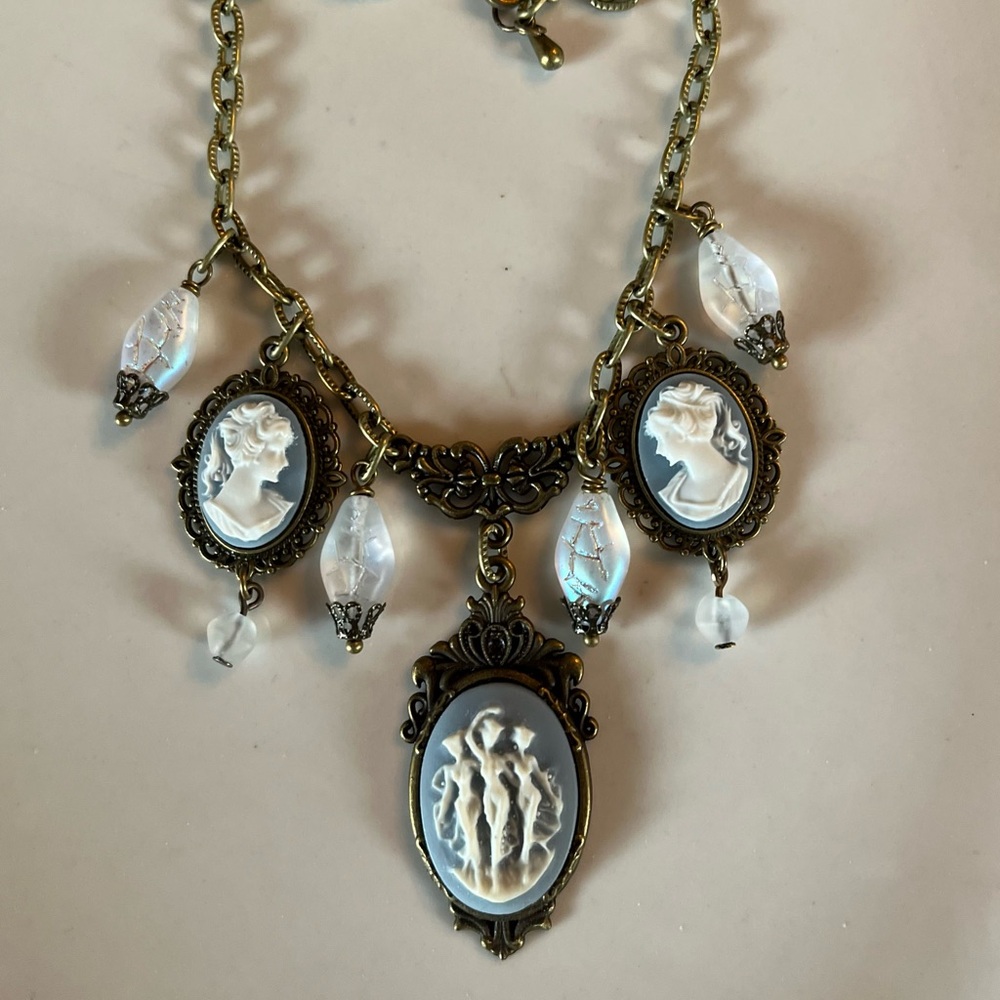 Vintage Cameo Wedgewood Blue Style Choker Three Fates Necklace